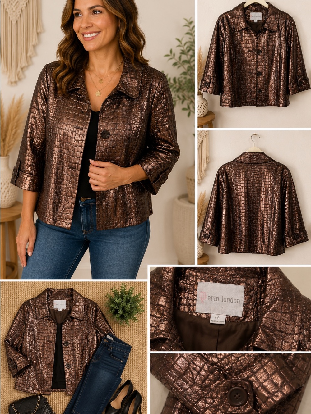 erin london Bronze Croc-Embossed Boxy Jacket